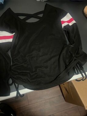 Ruched with string. Black Long-Sleeve Top with Pink and White Sleeve Stripes
